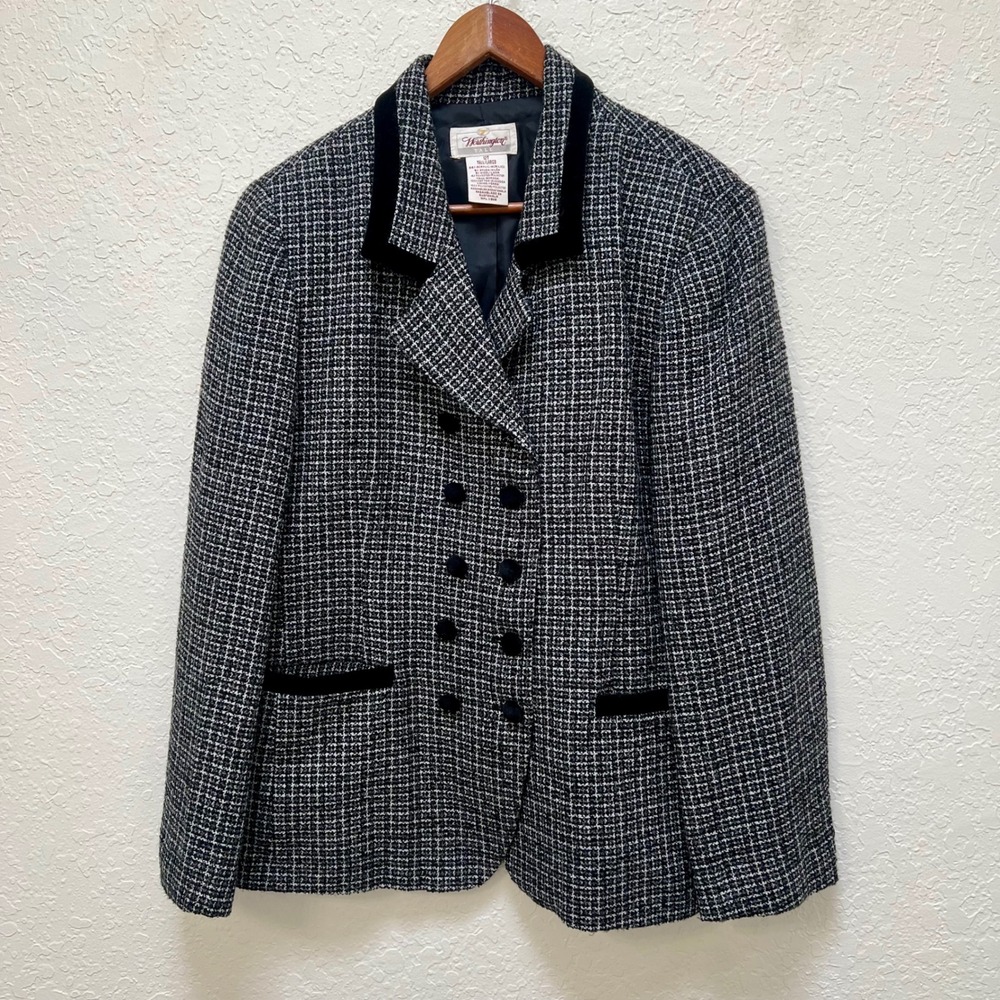 Worthington VTG Black White Tweed Blazer Velvet Collar Double Breasted Size 12T